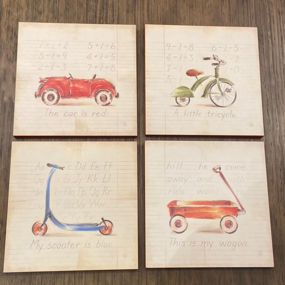 Art work - Pottery Barn Kids - set of 4 - Scooter, Red Car, Little Wagon, Bike - Picture 1 of 9